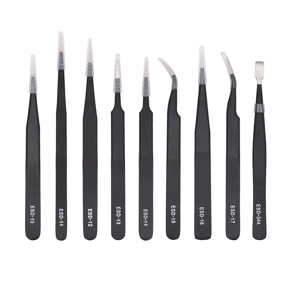 9 in 1 Black ESD Tweezer Set With Oxford Bag Antistatic Stainless Steel Nipper Tweezers 10 11 12 13 14 15 16 17 34A for CellPhone Repair