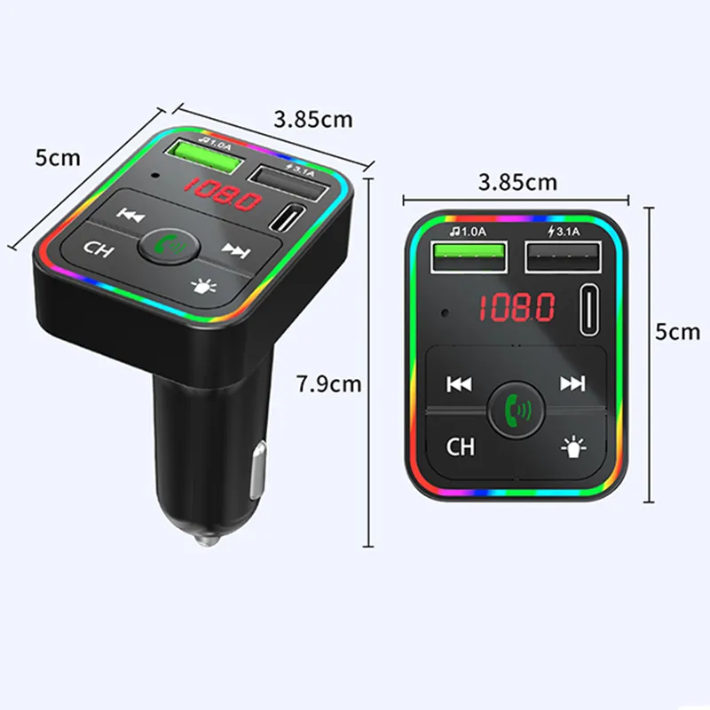 Car F2 Charger BT5.0 FM Transmitter Dual USB Fast Charging PD Type C Ports Handsfree Audio Receiver Auto MP3 Player for Cellphones