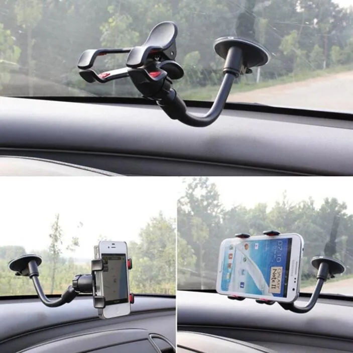 For iPhone 6/6s Double Clip Car Mount, Easy-To-Use Universal Long Arm/neck 360°Rotation Windshield Phone Holder -Retail Pack