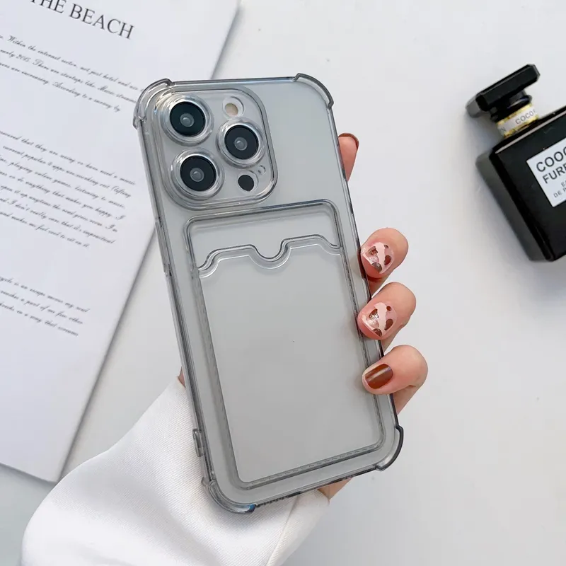 Card Slot Pocket Clear TPU Cases For IPhone 15 14 Pro Max 13 12 iPhone14 Mini 11 XR X XS 10 8 7 Plus 6 Credit ID Fine Hole Soft Crystal Transparent Silicone Phone Back Cover