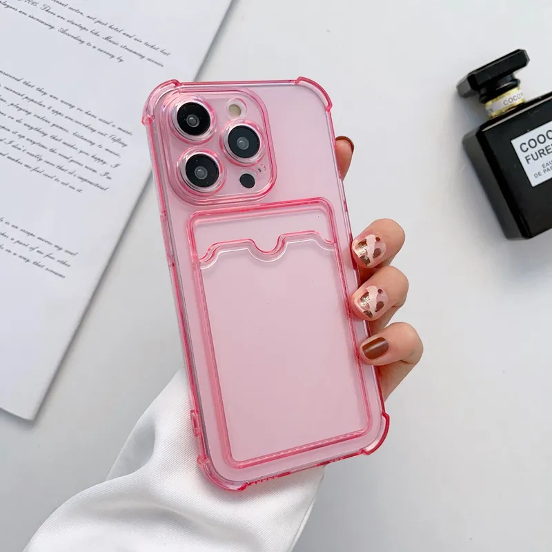 Card Slot Pocket Clear TPU Cases For IPhone 15 14 Pro Max 13 12 iPhone14 Mini 11 XR X XS 10 8 7 Plus 6 Credit ID Fine Hole Soft Crystal Transparent Silicone Phone Back Cover