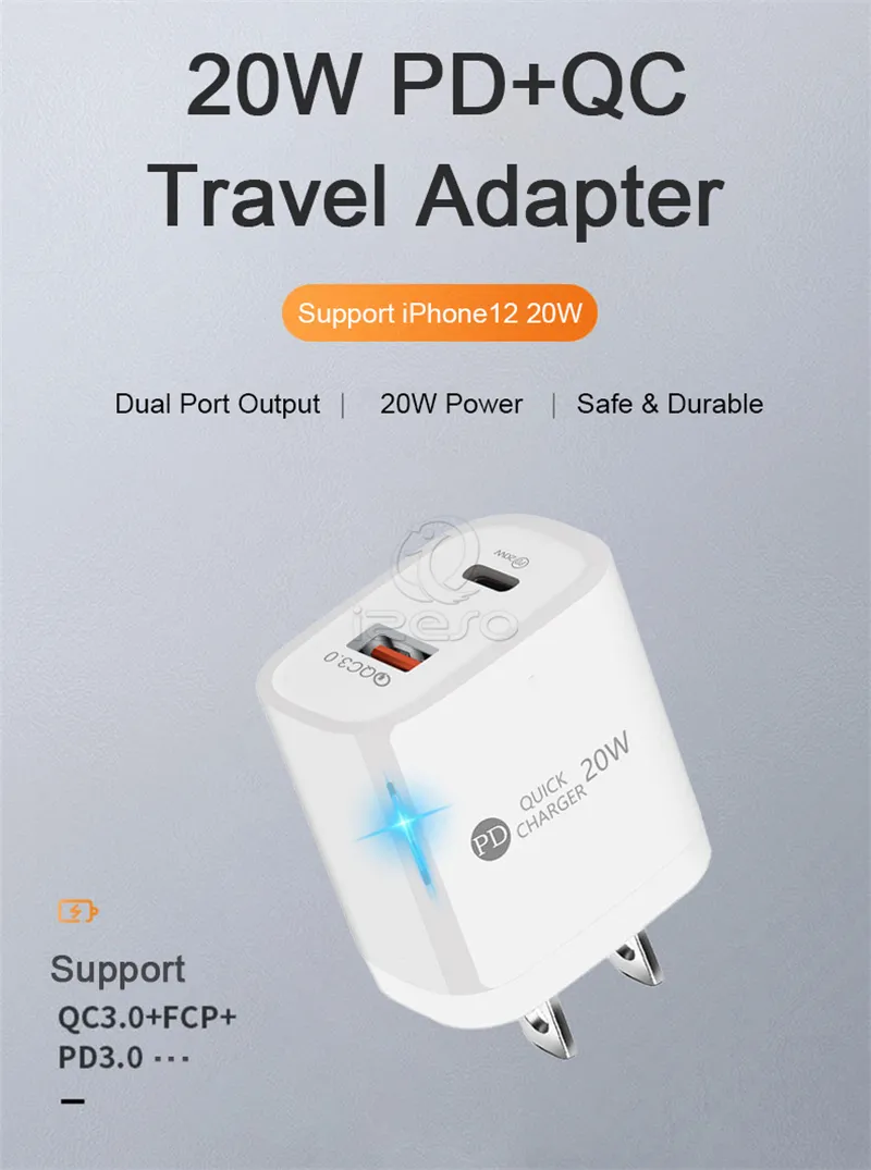 QC3.0 PD Dual Ports USB Wall Charger 5V 3A EU US Plugs Fast Charging Adapter for iPhone 13 12 Pro Max Samsung S21 izeso