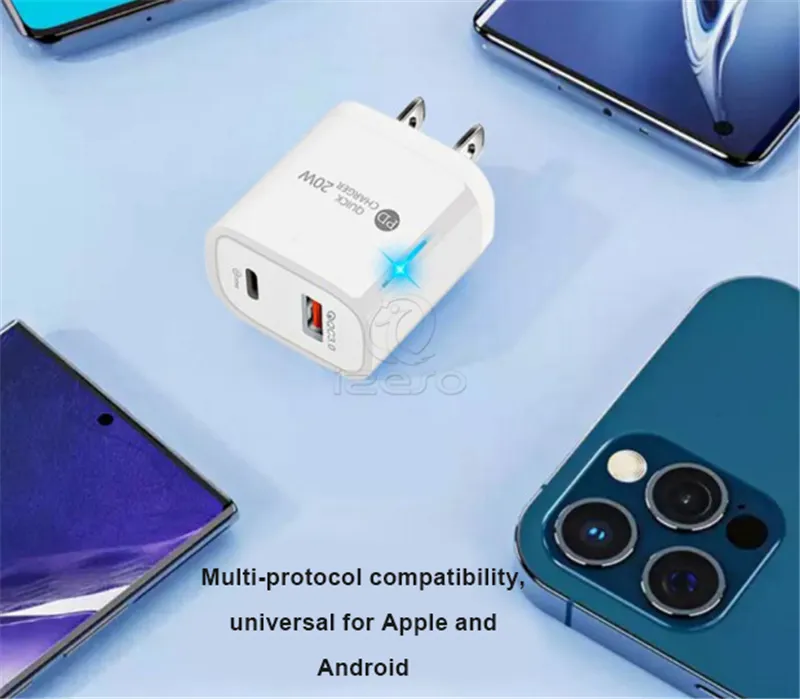 QC3.0 PD Dual Ports USB Wall Charger 5V 3A EU US Plugs Fast Charging Adapter for iPhone 13 12 Pro Max Samsung S21 izeso