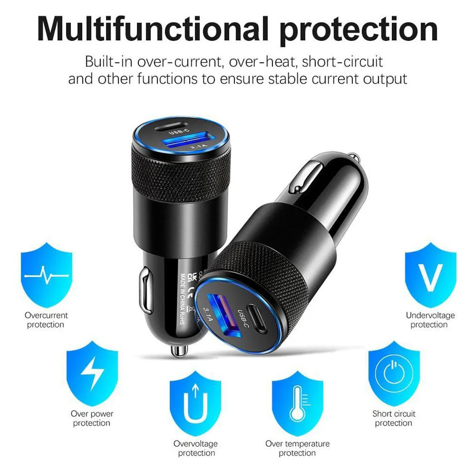 Dual Port PD 20W QC3.0 Quick Charger 3.1A USB Type C Car Charger Cellphone Adapter For iPhone 14 13 12 11 Pro Max with Retail Box