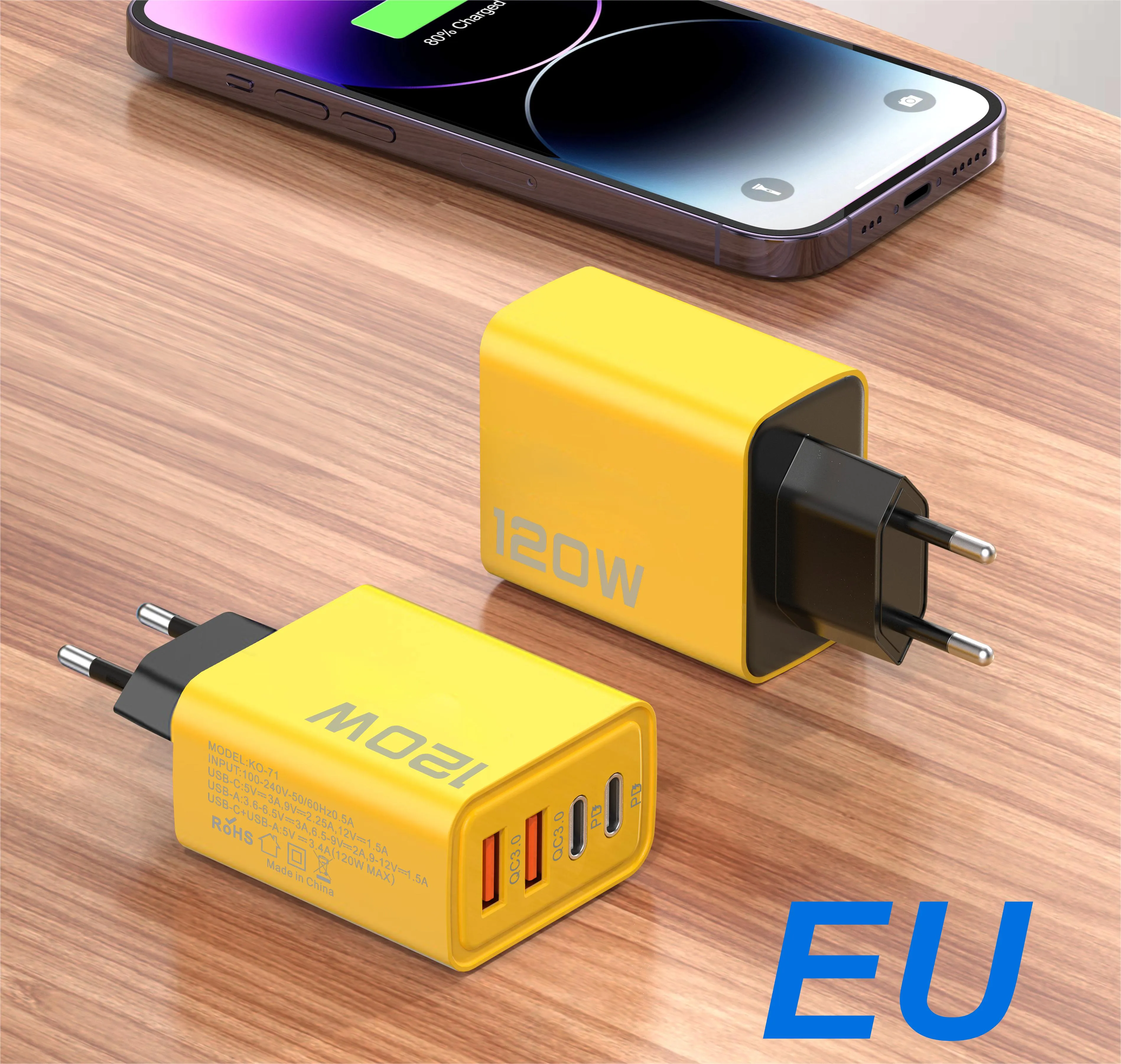 Hot-selling 120W Bumblebee Super Fast Charging KO-71 2PD+2USB Charging Charger for Laptops Tablets Mobilephones Travel Wall EU/US Plug Charger in Retail Box