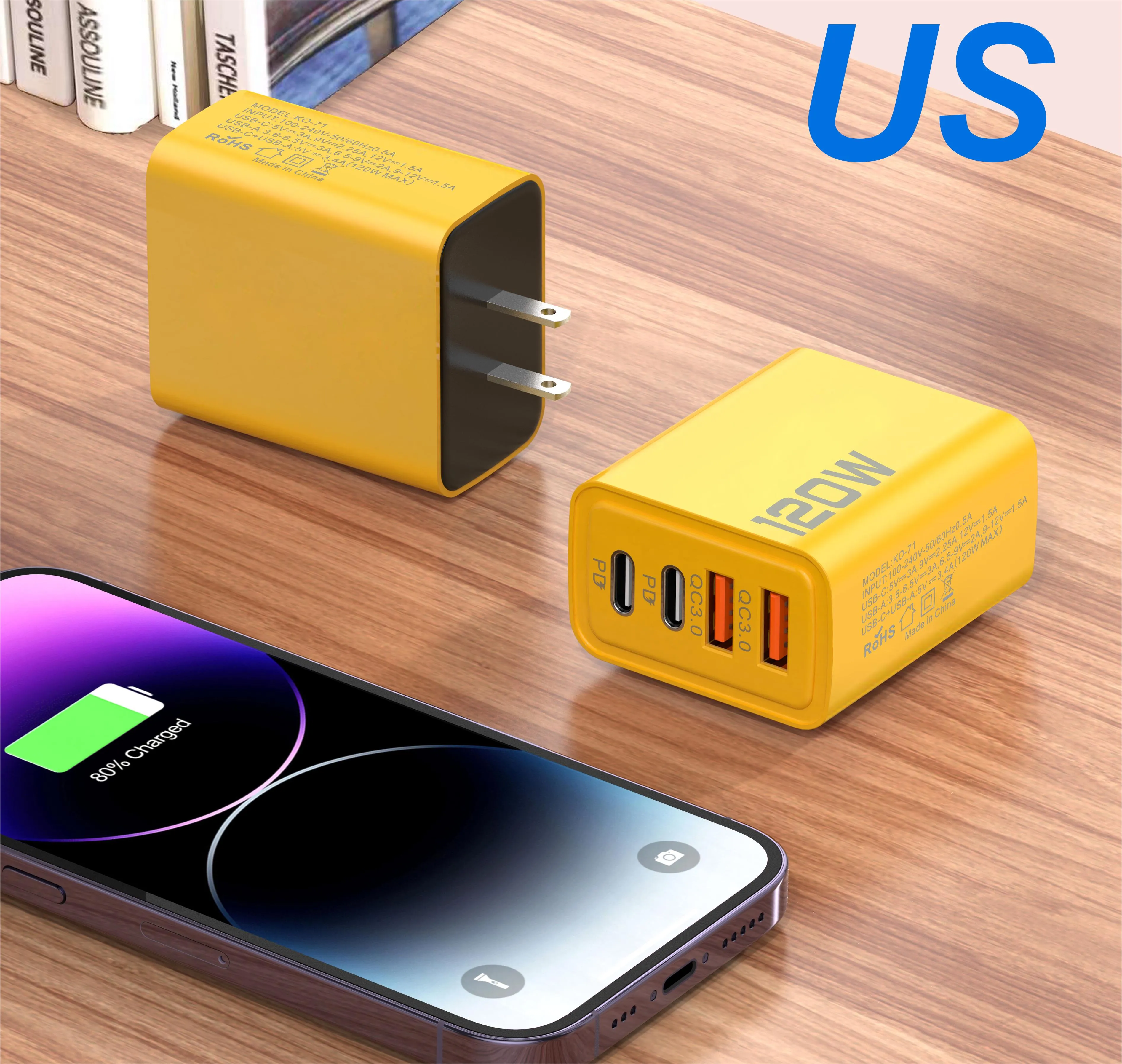 Hot-selling 120W Bumblebee Super Fast Charging KO-71 2PD+2USB Charging Charger for Laptops Tablets Mobilephones Travel Wall EU/US Plug Charger in Retail Box