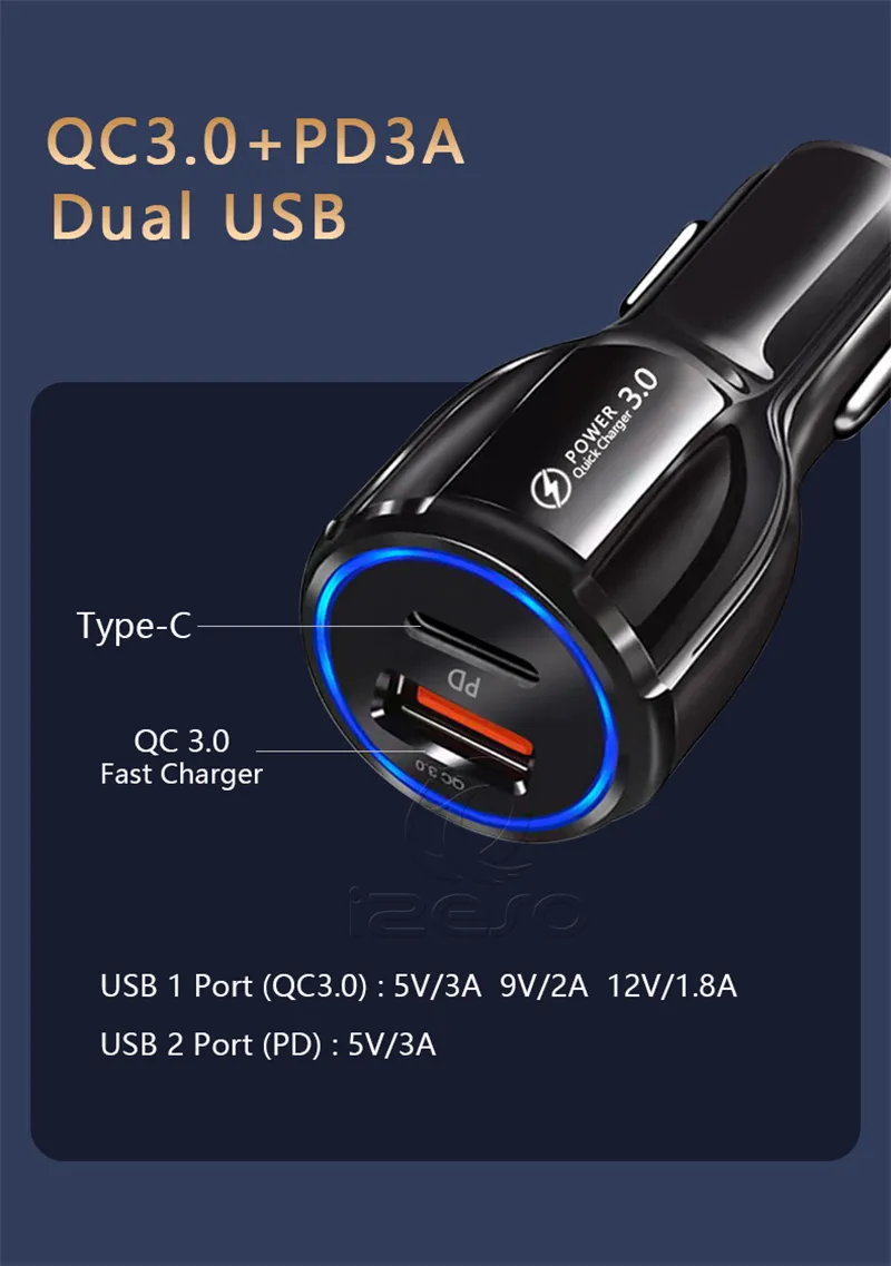 PD USB C Car Charger QC3.0 Auto Power Adapter Charge Dual Ports Fast Charger for iPhone 15 Samsung izeso