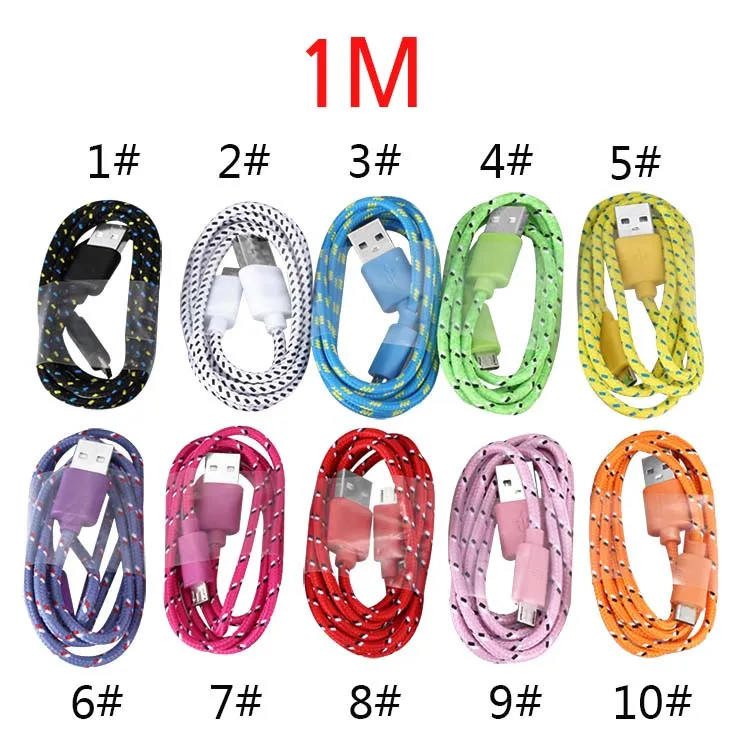 Nylon Braided Type C Fast Charging Cable 1M 2M 3M Data Sync Micro USB Cable For iPhone Samsung Xiaomi Android Cellphone without Package