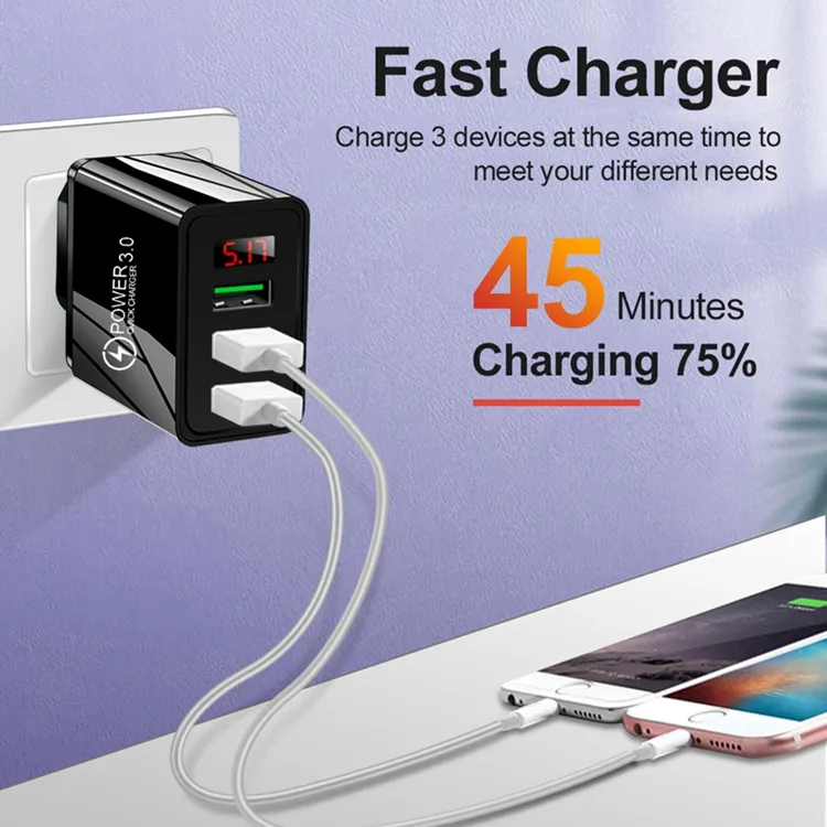 3 USB Wall Charger Quick Charge 3.1A Fast Charging Adapter Digital Display US EU UK Phone Charger For iPhone 14 13 12 11 Pro Max Huawei Samsung with OPP bag