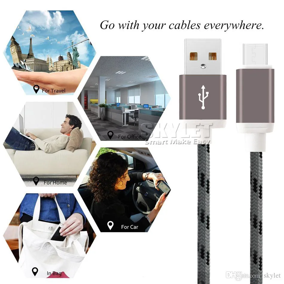 Nylon Braided USB Charging Cords 1M 2M 3M USB C Type C Mirco V8 Cables Colorful 56K Ohm Resistor Cable For iPhone Android Cellphones Without Package