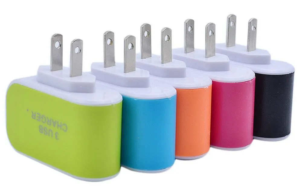 LED Light Triple 3USB ports 3.1A USB AC US EU candy color wall charger home plug for iphone samsung android phones