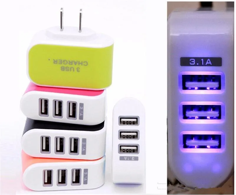 LED Light Triple 3USB ports 3.1A USB AC US EU candy color wall charger home plug for iphone samsung android phones