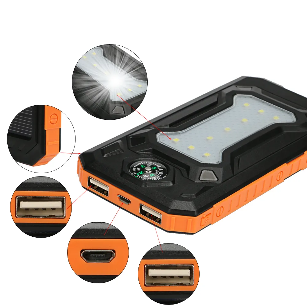 NEW Waterproof Solar Power Bank 20000mah Dual USB Li-Polymer Solar Battery Charger Travel Powerbank for all phone