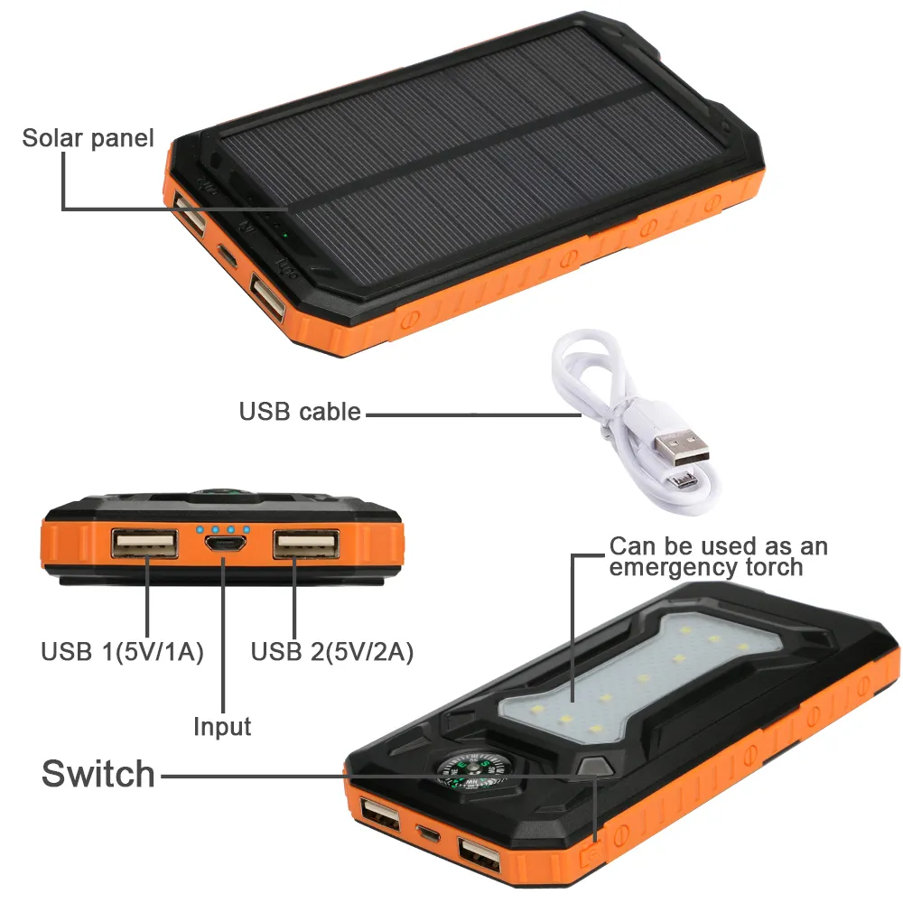 NEW Waterproof Solar Power Bank 20000mah Dual USB Li-Polymer Solar Battery Charger Travel Powerbank for all phone