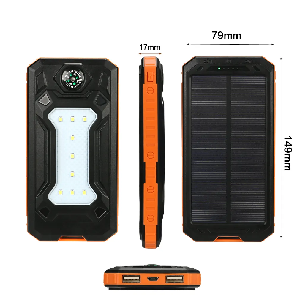 NEW Waterproof Solar Power Bank 20000mah Dual USB Li-Polymer Solar Battery Charger Travel Powerbank for all phone