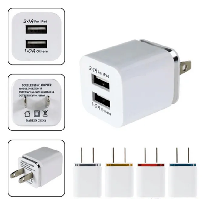 Metal Dual USB wall Charger US EU Plug 2.1A AC Power Adapter Chargers Plug 2 port for Iphone Samsung Galaxy Note LG Tablet Ipad