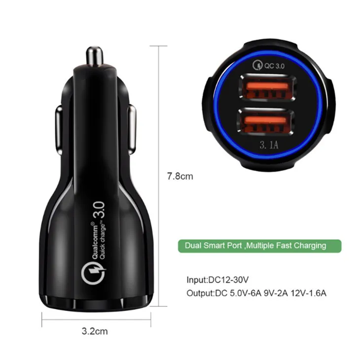 Cell Phone Car Charger Dual USB QC3.0 Fast Charge Adapter Smart Charger 12V 3.1A For iPhone Android Samsung Smartphones