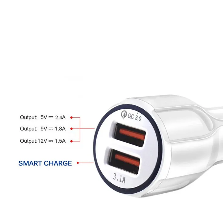 Cell Phone Car Charger Dual USB QC3.0 Fast Charge Adapter Smart Charger 12V 3.1A For iPhone Android Samsung Smartphones