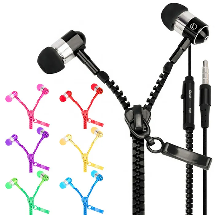 Zipper Earphones Headset 3.5MM Jack Bass Earbuds In-Ear Zip Earphone Headphone with MIC for Samsung S6 android phone mp