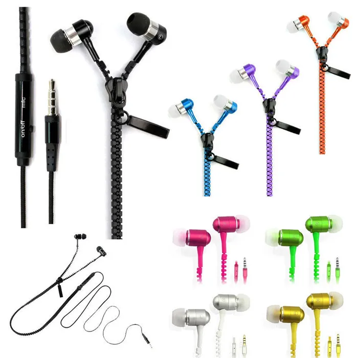 Zipper Earphones Headset 3.5MM Jack Bass Earbuds In-Ear Zip Earphone Headphone with MIC for Samsung S6 android phone mp