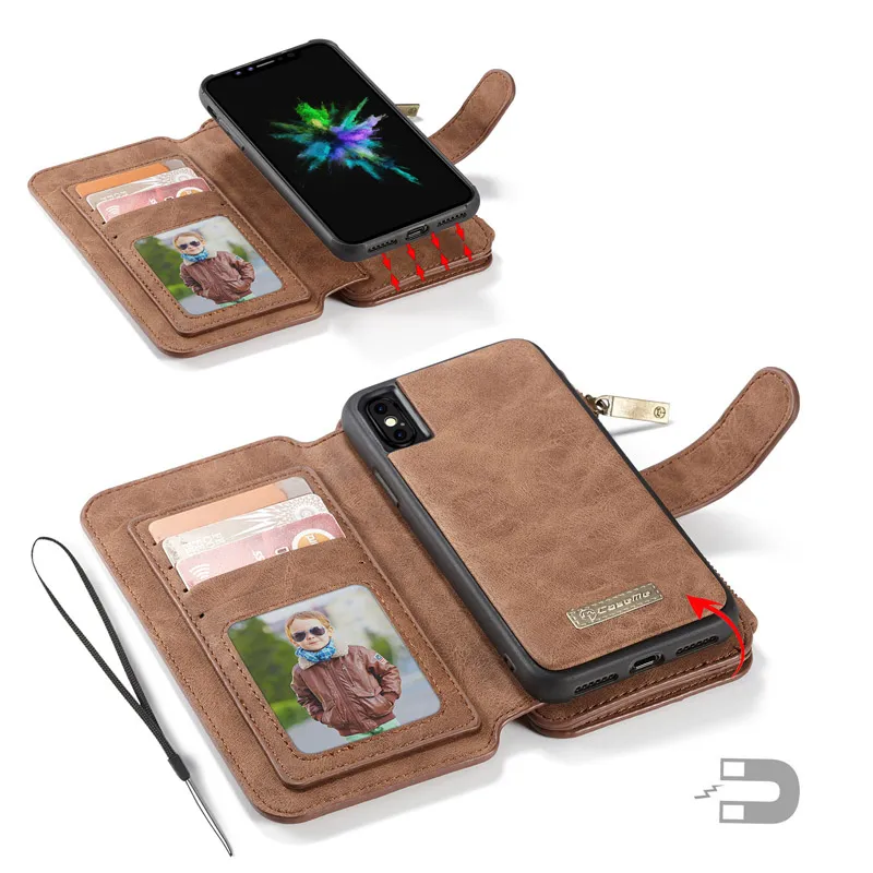 CaseMe Wallet Cases Split Leather Zipper Bag Multi Slot Magnet Cover For iphone 12 11 Pro XS Max XR 8 7 6 Plus Samsung S21 S20 Ultra Note20