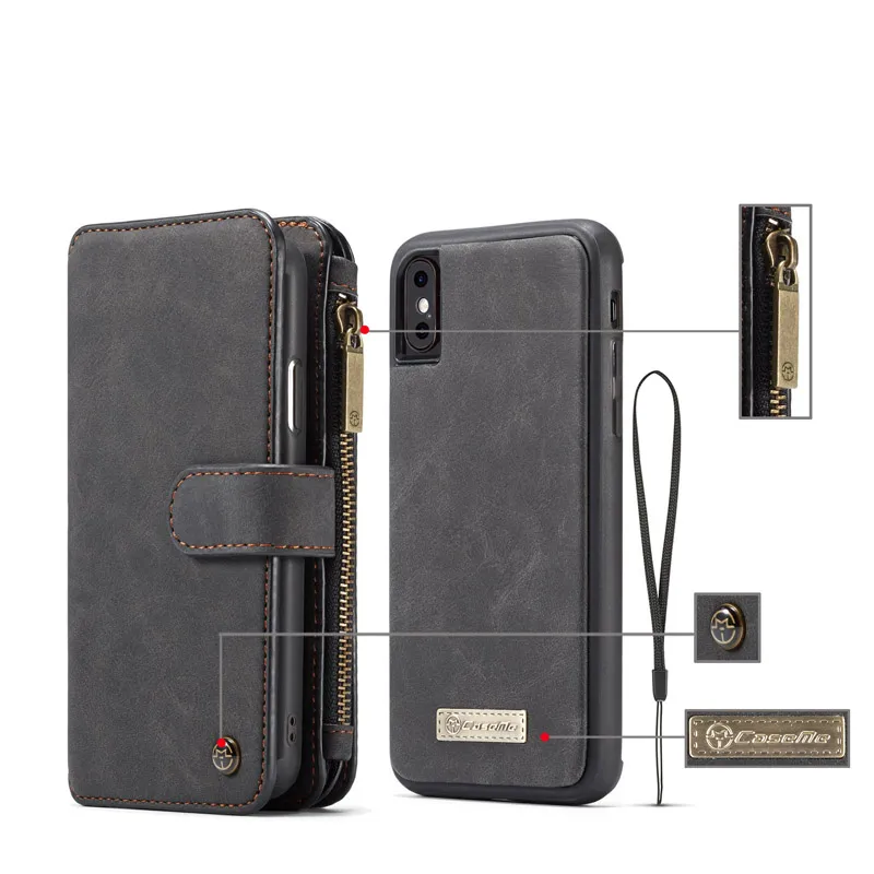 CaseMe Wallet Cases Split Leather Zipper Bag Multi Slot Magnet Cover For iphone 12 11 Pro XS Max XR 8 7 6 Plus Samsung S21 S20 Ultra Note20