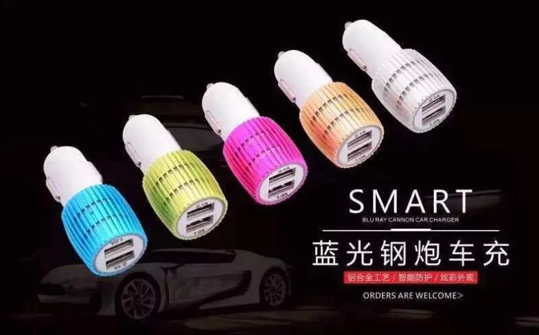 Wholesale colorful led USB car charger 2 ports 5V 2.1A micro auto power dual USB car adapter for iPhone/Samsung/Android phones