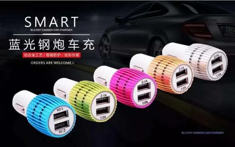 Wholesale colorful led USB car charger 2 ports 5V 2.1A micro auto power dual USB car adapter for iPhone/Samsung/Android phones