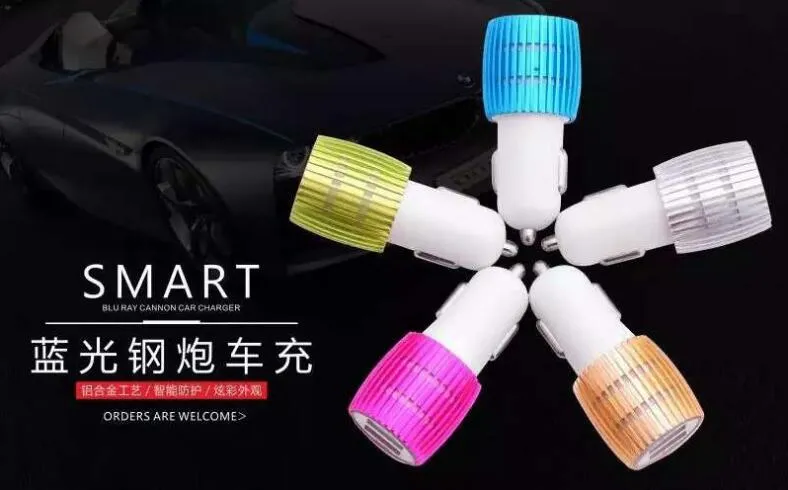 Wholesale colorful led USB car charger 2 ports 5V 2.1A micro auto power dual USB car adapter for iPhone/Samsung/Android phones