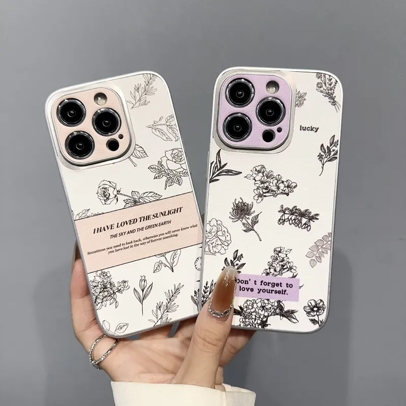 Fashion Flower PU Leather Cases For IPhone 15 Pro 14 Plus 13 12 11 XR X XS MAX Camellia Chromed Metallic Silver Bling Lucky Hard PC TPU Shockproof Fine Hole Phone Cover