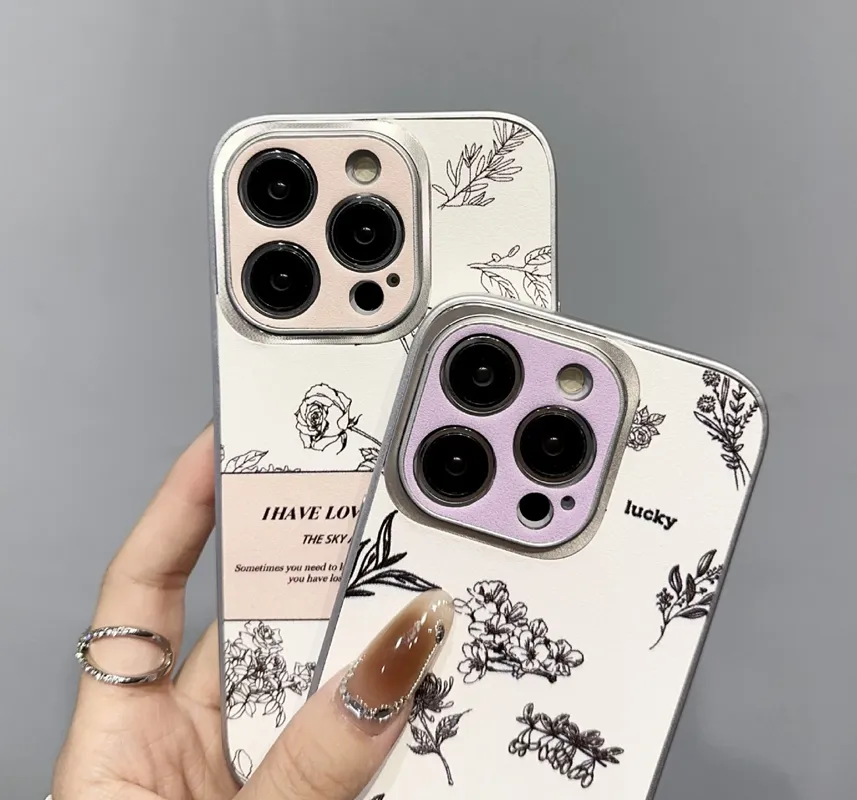 Fashion Flower PU Leather Cases For IPhone 15 Pro 14 Plus 13 12 11 XR X XS MAX Camellia Chromed Metallic Silver Bling Lucky Hard PC TPU Shockproof Fine Hole Phone Cover