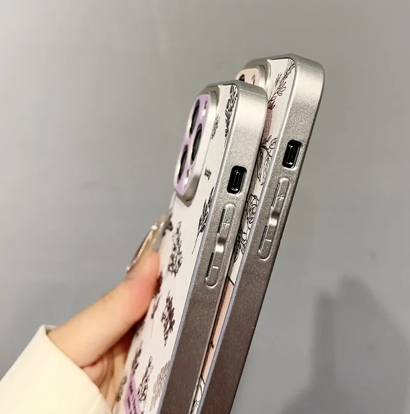 Fashion Flower PU Leather Cases For IPhone 15 Pro 14 Plus 13 12 11 XR X XS MAX Camellia Chromed Metallic Silver Bling Lucky Hard PC TPU Shockproof Fine Hole Phone Cover