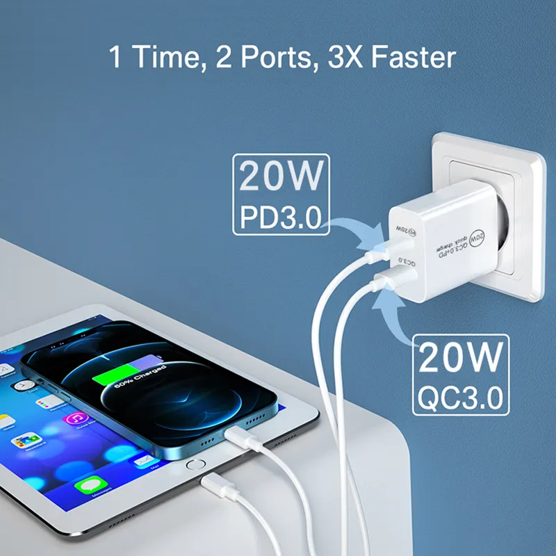 QC3.0 PD USB Charger US EU UK 20W Quick Charger Adapter Travel Wall Universal Mobile Phone Fast Chargers For iPhone 15 14 Plus 13 Pro max Samsung S24 S23 Ultra Xiaomi