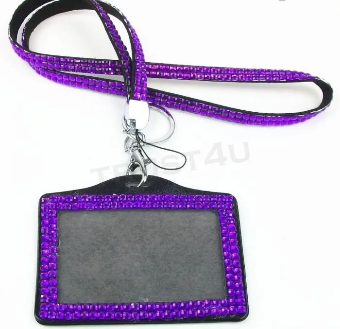 Rhinestone Bling Lanyard with Vertical PU ID Badge Card Holder and Key Chain Fashion Phone Strap