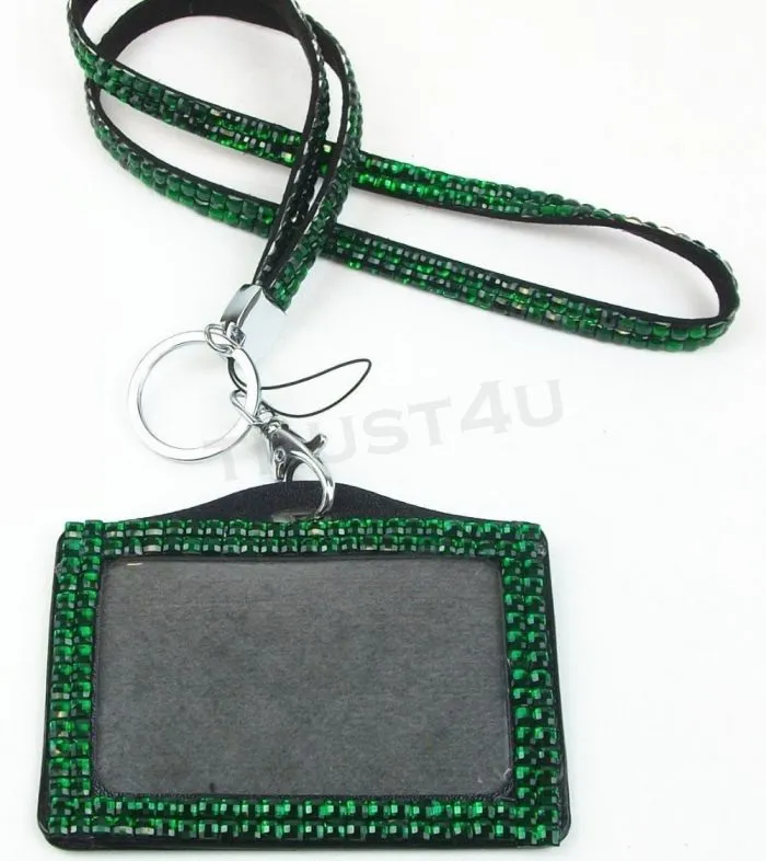 Rhinestone Bling Lanyard with Vertical PU ID Badge Card Holder and Key Chain Fashion Phone Strap