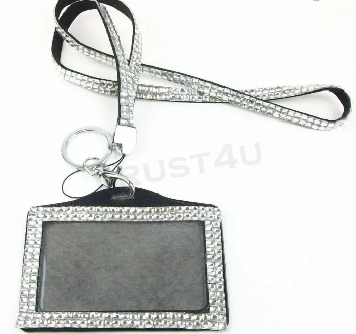 Rhinestone Bling Lanyard with Vertical PU ID Badge Card Holder and Key Chain Fashion Phone Strap