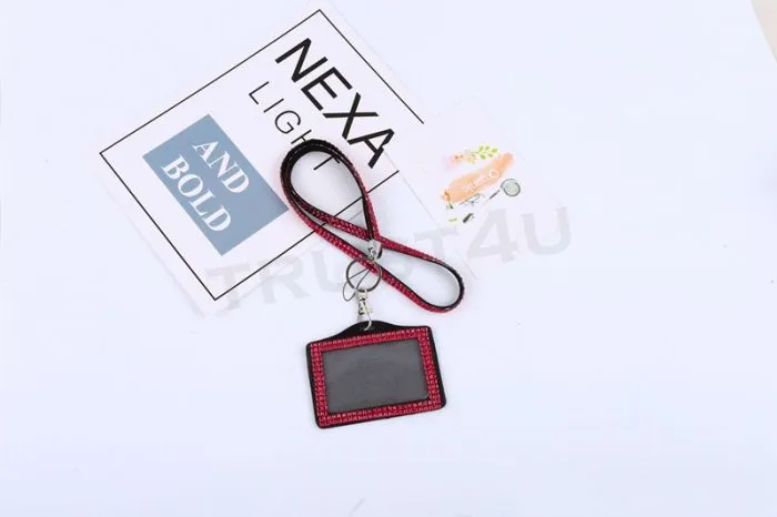 Rhinestone Bling Lanyard with Vertical PU ID Badge Card Holder and Key Chain Fashion Phone Strap