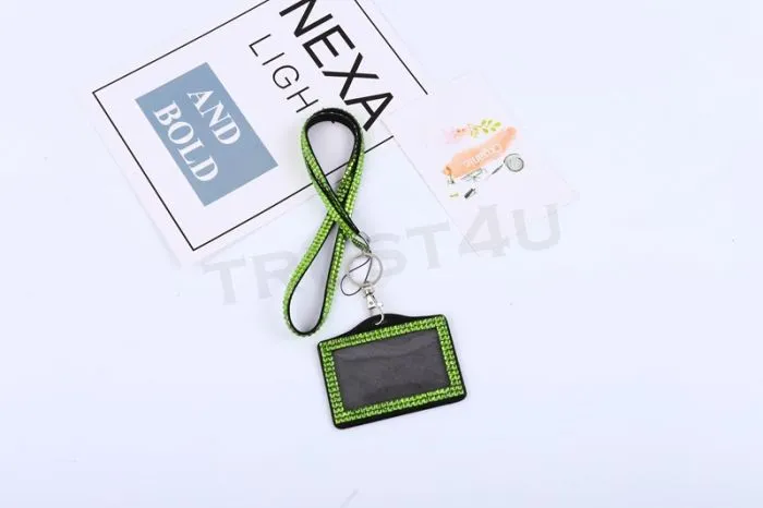 Rhinestone Bling Lanyard with Vertical PU ID Badge Card Holder and Key Chain Fashion Phone Strap