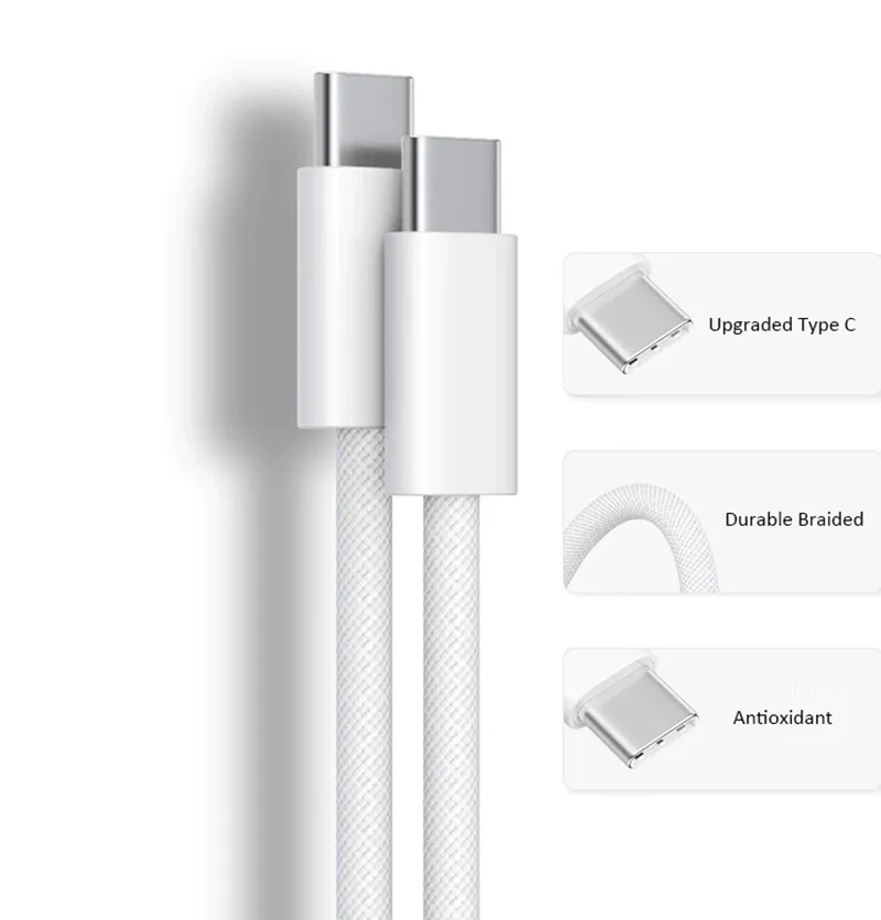 60W USB C to Type C Cable for iPhone 15 New Braided USB-C Cord with Retail Packaging izeso