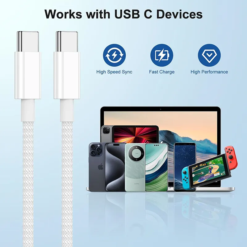 60W USB C to Type C Cable for iPhone 15 New Braided USB-C Cord with Retail Packaging izeso