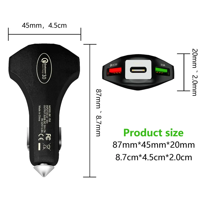 3 Ports Quick Charging Car Chargers 7A 35W Type c Hammer Safety QC3.0 Fast Car Charger For Samsung S24 S23 S22 S21 SMP3 Android iPhone 15 14 13 12 Mini 11 Pro Xr Xs Max