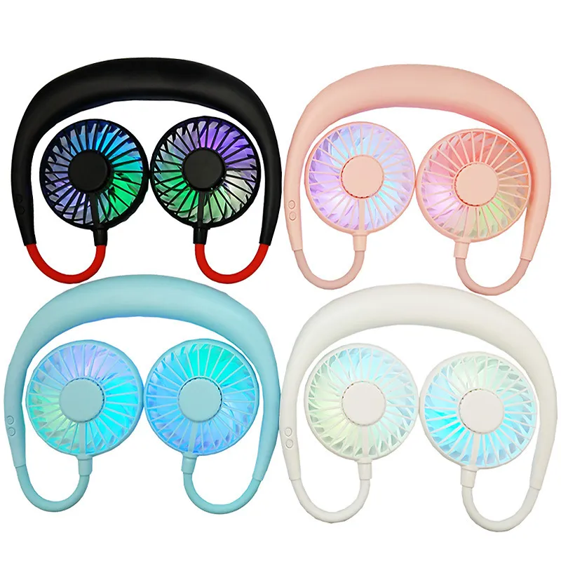 Sport Fans Lazy Hanging Neck Fans Adjustable Neck Dual Fan with LED Lights Aromatherapy Rechargeable Handheld Fan Air Cooler for Outdoor Travel