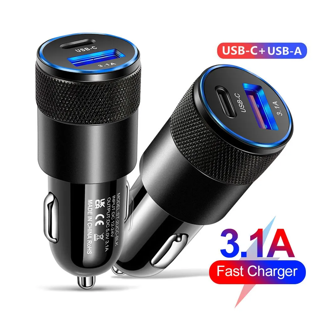 3.1A 15W PD Car Charger Aluminum Alloy Cigarette Lighter Adapter Fast Charger USB-C Type c Car Auto Replacement Charger for iphone 12 13 14 15 Samsung S22 Htc Lg GPS