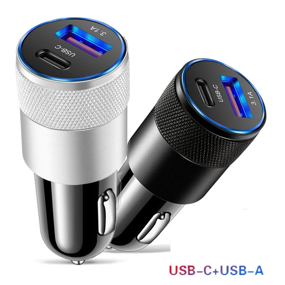 3.1A 15W PD Car Charger Aluminum Alloy Cigarette Lighter Adapter Fast Charger USB-C Type c Car Auto Replacement Charger for iphone 12 13 14 15 Samsung S22 Htc Lg GPS