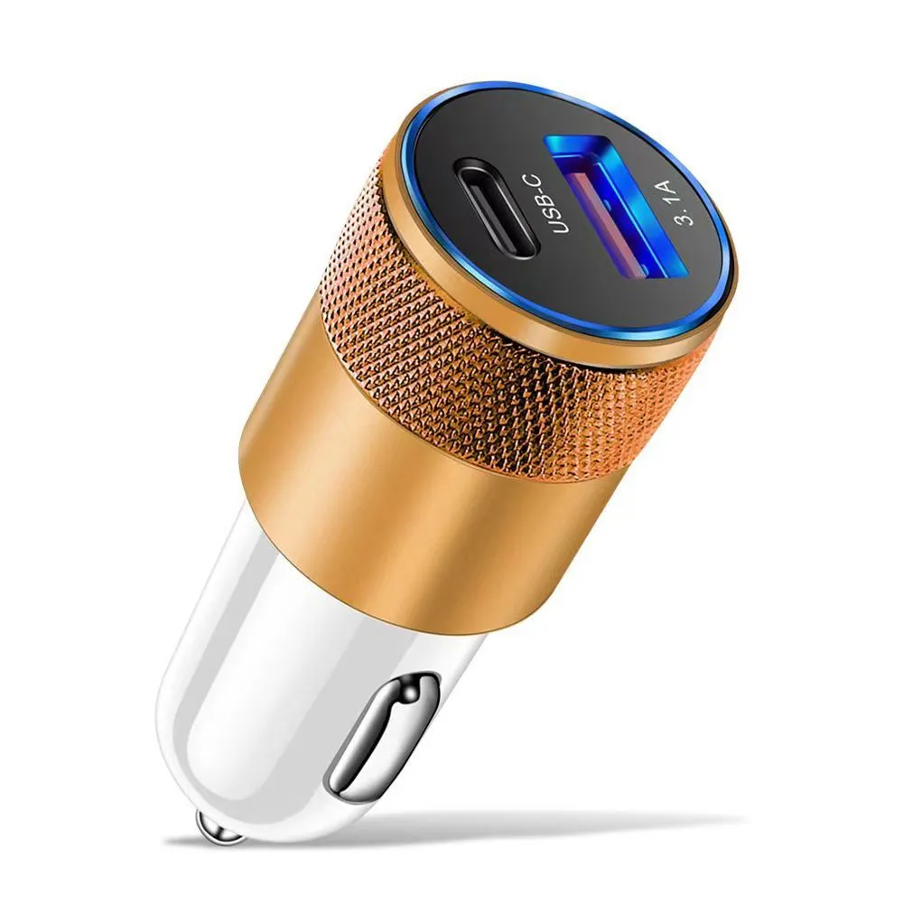 3.1A 15W PD Car Charger Aluminum Alloy Cigarette Lighter Adapter Fast Charger USB-C Type c Car Auto Replacement Charger for iphone 12 13 14 15 Samsung S22 Htc Lg GPS