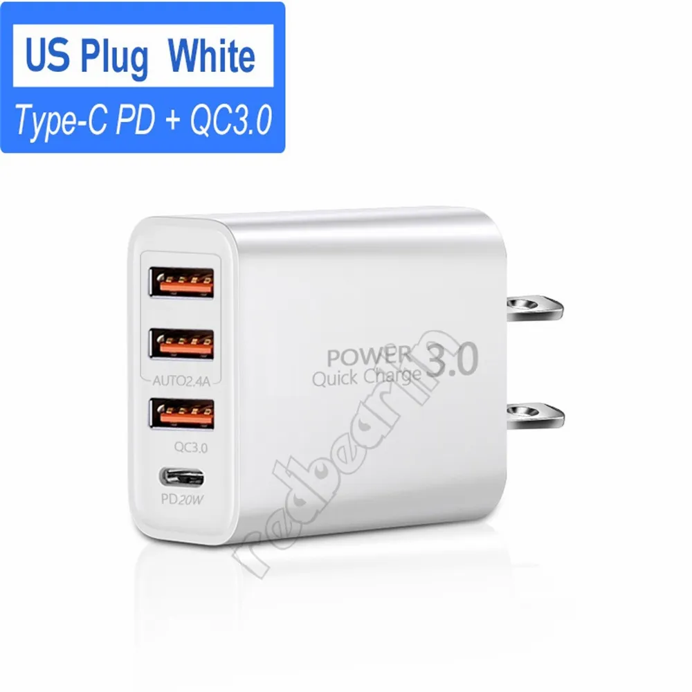 30W Fast Quick Charge PD Type c USB-C Eu US UK AC Home Travel 4Ports Wall Chargers Power Adapter For IPhone 11 12 Samsung Lg Android phone