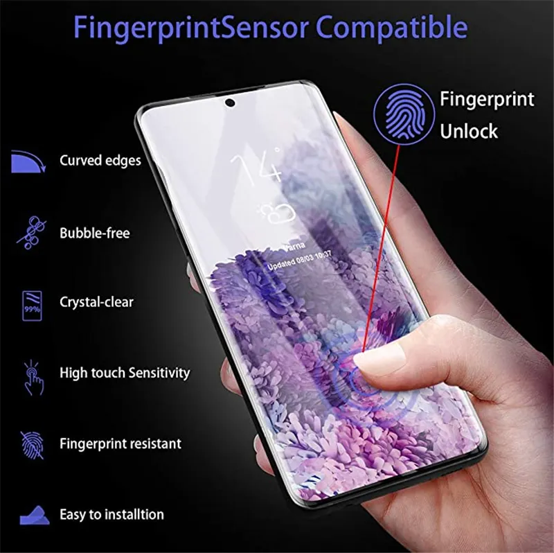 UV Full Adhesive Screen Protector Support Fingerprint Touch Tempered Glass For Samsung Galaxy S24 S23 Ultra S22 S21 S20 Plus Note 20 10 S8 S9 S10