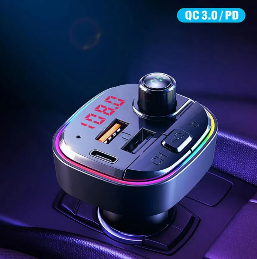 C13 C14 C15 C12 FM Transmitter Wireless Bluetooth 5.0 Handsfree Car MP3 Kit FM Modulator Dual USB type-c PD Charger RGB light