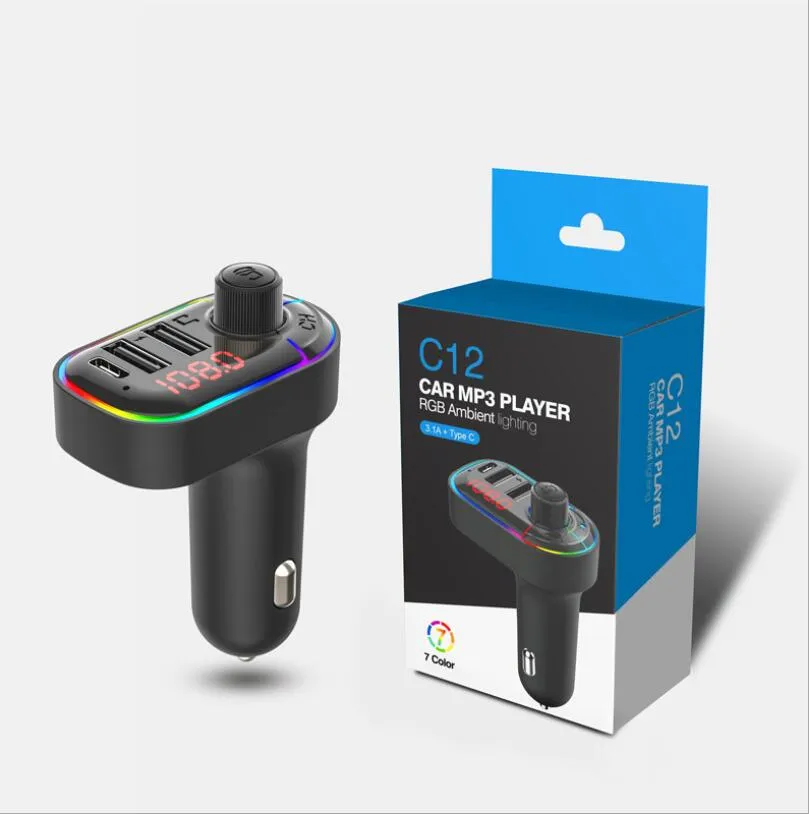 C13 C14 C15 C12 FM Transmitter Wireless Bluetooth 5.0 Handsfree Car MP3 Kit FM Modulator Dual USB type-c PD Charger RGB light