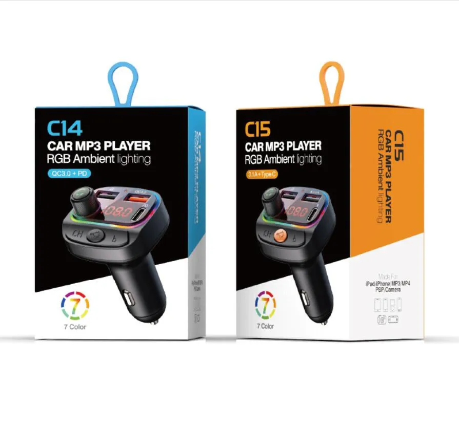 C13 C14 C15 C12 FM Transmitter Wireless Bluetooth 5.0 Handsfree Car MP3 Kit FM Modulator Dual USB type-c PD Charger RGB light